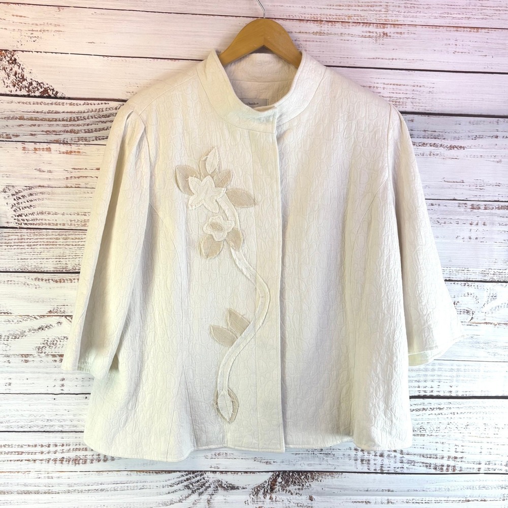 Cj Banks Jacket 2X Matelasse White 100% Cotton Floral Applique Mod Band Collar